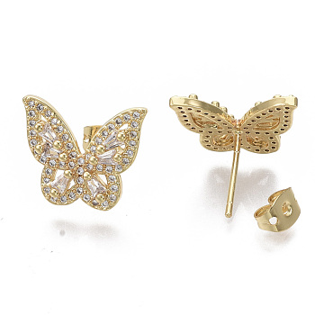 Brass Micro Pave Clear Cubic Zirconia Stud Earrings, with Earring Backs, Nickel Free, Butterfly, Real 16K Gold Plated, 13.5x16mm, Pin: 1mm