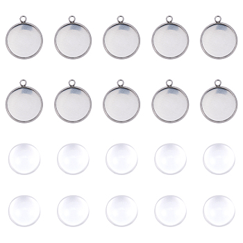 DIY Pendants Making, with 304 Stainless Steel Pendant Cabochon Settings and Clear Half Round Glass Cabochons, Stainless Steel Color, Cabochons: 13.5x7mm, Settings: 18.5x16x2mm, 2pcs/set