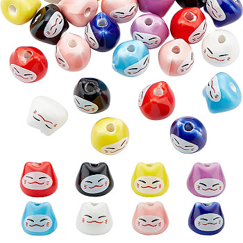 Olycraft 32Pcs 8 Colors Handmade Porcelain Beads, Printed, Lucky Cat, Mixed Color, 10x8.5mm, Hole: 2mm, 4pcs/color