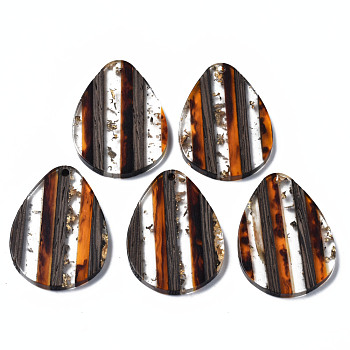 Transparent Resin & Walnut Wood Pendants, with Gold Foil, Teardrop, Dark Orange, 36x26x3mm, Hole: 1.8mm