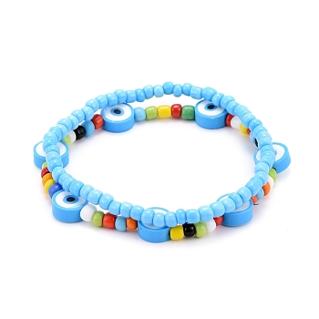 Glass Seed Beads Stretch Bracelets, with Polymer Clay Eye Beads, Light Cyan, Inner Diameter: 2-1/8~2-1/4 inch(5.3~5.8cm), 2pcs/set
