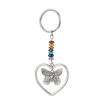 Heart Alloy Pendant Keychain, with Chakra Gemstone Chip and Iron Split Key Rings, Butterfly, 7.4cm