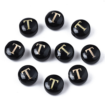 Handmade Lampwork Beads, with Golden Plated Brass Etched Metal Embellishments, Flat Round with Alphabet, Letter.T, 8x5mm, Hole: 0.8mm