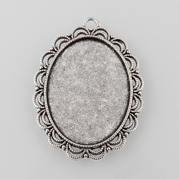 Tibetan Style Antique Silver Alloy Flat Oval Pendant Cabochon Settings, Cadmium Free & Lead Free, Tray: 40x30mm, 54x40x3mm, Hole: 4mm, about 99pcs/1000g