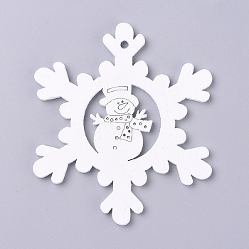 Natural Poplar Wood Big Pendants, Spray Painted, for Christmas, Snowflake with Snowman, White, 69.5x60.5x2.5mm, Hole: 2.5mm