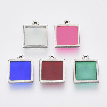 201 Stainless Steel Pendants, with Epoxy Resin, Square, Mixed Color, Stainless Steel Color, 12x10x1.5mm, Hole: 1.2mm
