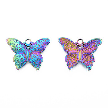 Ion Plating(IP) 201 Stainless Steel Pendants, Butterfly, Rainbow Color, 19x25x2mm, Hole: 2.5mm