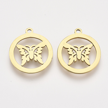 201 Stainless Steel Pendants, Laser Cut Pendants, Flat Round with Butterfly, Golden, 17.5x15.5x1mm, Hole: 1.2mm