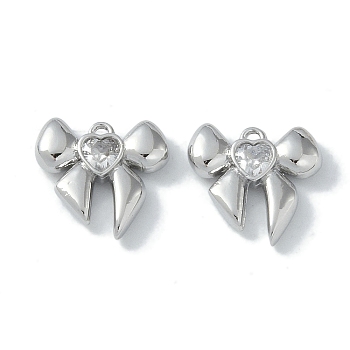 Brass Charms, with Glass, Bowknot, Real Platinum Plated, Clear, 13x14x3mm, Hole: 1.4mm