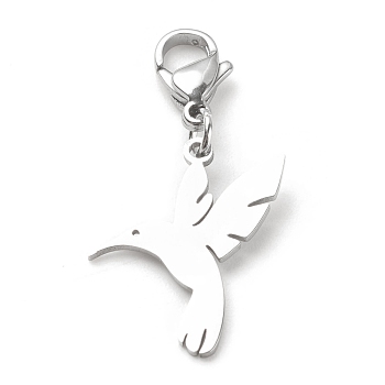 201 Stainless Steel Hummingbird Pendant Decorations, Lobster Clasp Charms, for Keychain, Purse, Backpack Ornament, Stainless Steel Color, 35mm