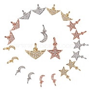 CREATCABIN 18Pcs 3 Style Brass Clear Micro Pave Cubic Zirconia Charms, Star & Moon & Heart with Wing, Mixed Color, 18pcs/box(ZIRC-CN0001-01)
