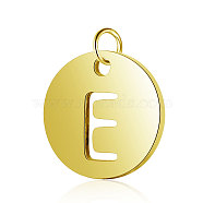 Vacuum Plating 304 Stainless Steel Charms, Flat Round with Letter, Golden, Letter.E, 12x1mm, Hole: 2.5mm(STAS-S105-T514G-E)