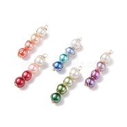 Glass Pearl Round Beads Pendants, with Golden Tone Copper Wire Wrapped, Column Charm, Mixed Color, 40x9x8mm, Hole: 1.8mm(PALLOY-JF01879)