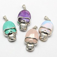 Personalized Retro Halloween Skull Jewelry Bezel Natural & Synthetic Mixed Gemstone Pendants, with Antique Silver Plated Alloy Findings, 43x23x12mm, Hole: 5x4mm(G-M038-01)
