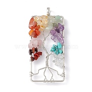 Rectangle Natural Natural & Synthetic Mixed Gemstone Copper Wire Wrapped Chip Big Pendants, Tree of Life Charm, with Platinum Tone Iron Findings, 68x31x2mm, Hole: 6.2mm(G-E195-09P-02)