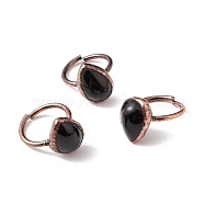 Natural Obsidian Teardrop Open Cuff Ring, Red Copper Brass Jewelry for Women, Cadmium Free & Lead Free, Inner Diameter: 18~19mm(RJEW-I082-03R)