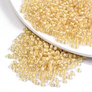 8/0 Glass Seed Beads, Transparent Inside Colours Luster, Round Hole, Round, Gold, 8/0, 3~4x2~3mm, Hole: 0.8mm, about 1666pcs/50g(X-SEED-A015-3mm-2202)