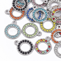 304 Stainless Steel Pendants, with Rhinestone, Round Ring, Mixed Color, 15.5x12.5x2mm, Hole: 1.4mm(STAS-T050-003)