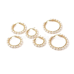 Natural Pearl Beads Brass Hoop Earrings, with 304 Stainless Steel Hooks, Ring, White, 30~46x30~48x4.5mm, Pin: 0.7mm, 3 Pairs/set(EJEW-JE04565)