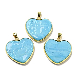 Handmade Lampwork Pendants, with Brass Findings, Long-Lasting Plated, Lead Free & Cadmium Free, Heart Charms, Light Sky Blue, 31~32x31~31.5x5mm, Hole: 6.5x4mm(LAMP-M017-01C)