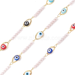 304 Stainless Steel Resin Evil Eye Link Chains with ABS Imitation Pearl Beads, Unwelded, with Spool, Teardrop, Golden, Eye: 10.5x6.5x4mm, Round: 19x3mm(CHS-P016-33G)