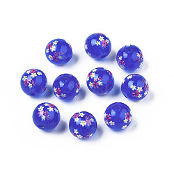Opaque Printed Acrylic Beads, Round with Flower, Blue, 9x9.5mm, Hole: 1.8mm(MACR-T043-03G)