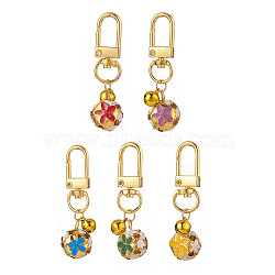 5Pcs 5 Colors Iron Enamel Pendant Swivel Bell Keychains, Round with Flower Pattern, Mixed Color, Golden, 53mm, Pendant: 19.5x15x11mm, 1pc/color(HJEW-JM00867)