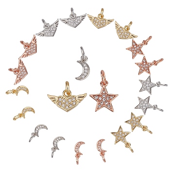 CREATCABIN 18Pcs 3 Style Brass Clear Micro Pave Cubic Zirconia Charms, Star & Moon & Heart with Wing, Mixed Color, 18pcs/box