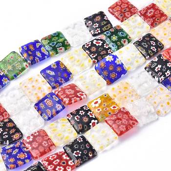 Square Handmade Millefiori Glass Beads, Mixed Color, 16x16x4mm, Hole: 1mm, about 24pcs/strand, 14.9 inch