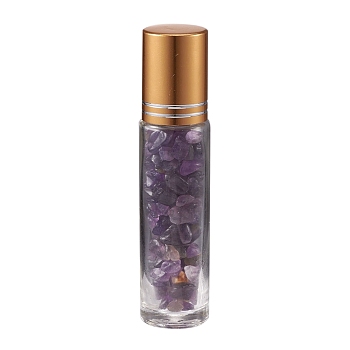 Glass Roller Ball Bottles, Essential Oil Refillable Bottle, with Amethyst Chip Beads, for Personal Care, 85x20mm, Beads: 3x11~3x7mm, Capacity: 10ml