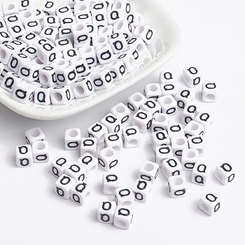 White Cube Letter Acrylic Beads, Horizontal Hole, Letter Q, Size: about 6mm wide, 6mm long, 6mm high, hole: about 3.2mm, about 300pcs/50g