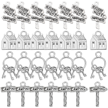 64Pcs 4 Styles Alloy Pendants, Guideboard & House & Ring with Key Charm, Antique Silver, 16.5~26x14~23x2~2.5mm, Hole: 1.5~3.2mm, 16pcs/style