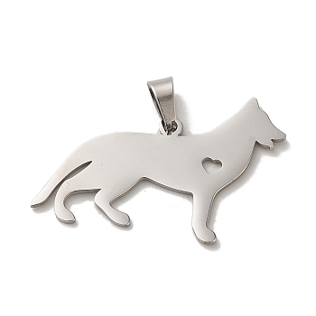 304 Stainless Steel Pendants, Laser Cut, Heart Wolf Charm, Stainless Steel Color, 20.5x30x1mm, Hole: 6x3mm