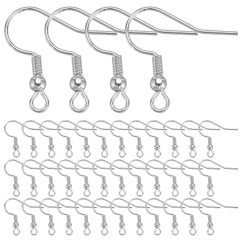 100Pcs 304 Stainless Steel Earring Hooks, French Hooks with Coil and Ball, 925 Sterling Silver Plated, 21 Gauge, 20x20x3mm, Hole: 2mm, Pin: 0.7mm
