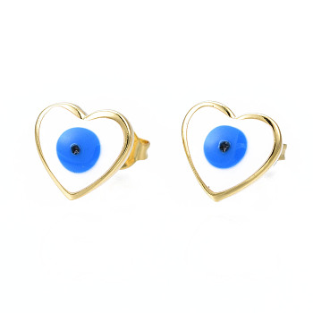 Heart with Evil Eye Stud Earrings, Real 18K Gold Plated Brass Jewelry for Women, Nickel Free, Dodger Blue, 9x9.5mm, Pin: 0.8mm