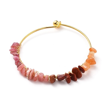 Natural Mixed Stone Chips Beads Bangles, with Golden Copper Wire, 3/8 inch(1cm), Inner Diameter: 2-1/2 inch(6.2cm)