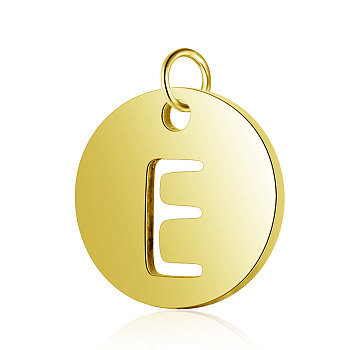Vacuum Plating 304 Stainless Steel Charms, Flat Round with Letter, Golden, Letter.E, 12x1mm, Hole: 2.5mm