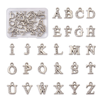 Alloy Rhinestone Charms, Platinum, Letter A~Z, 11~13x8~12x2.5mm, Hole: 1.5mm, 26pcs/set, 2sets, 52pcs/box