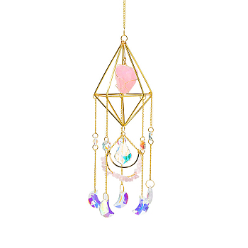 Golden Iron Wind Chime, with Natural Rose Quartz, Crystal, for Outside Yard and Garden Decoration, 450mm, Hole: 11mm