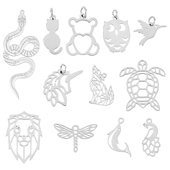 24Pcs 12 Style 201 Stainless Steel Big Pendants and Filigree Joiners Links, 304 Stainless Steel Charms, Laser Cut, Stainless Steel Color, 13~64.5x8~25x1mm, Hole: 1.4~3mm, 2pcs/style