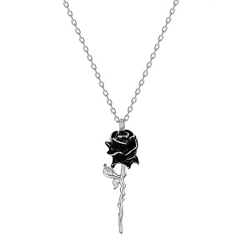 SHEGRACE Rose Rhodium Plated 925 Sterling Silver Pendant Necklaces, with Epoxy Resin and Cable Chains, Platinum, Black, 17.32inch(44cm)