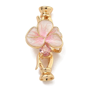 Brass Micro Pave Clear Cubic Zirconia Fold Over Clasps, with Enamel, Flower, Pearl Pink, 34x16x9mm, Hole: 4.5mm