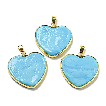 Handmade Lampwork Pendants, with Brass Findings, Long-Lasting Plated, Lead Free & Cadmium Free, Heart Charms, Light Sky Blue, 31~32x31~31.5x5mm, Hole: 6.5x4mm