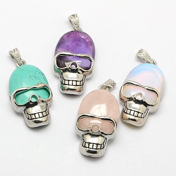 Personalized Retro Halloween Skull Jewelry Bezel Natural & Synthetic Mixed Gemstone Pendants, with Antique Silver Plated Alloy Findings, 43x23x12mm, Hole: 5x4mm