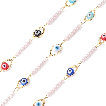 304 Stainless Steel Resin Evil Eye Link Chains with ABS Imitation Pearl Beads, Unwelded, with Spool, Teardrop, Golden, Eye: 10.5x6.5x4mm, Round: 19x3mm
