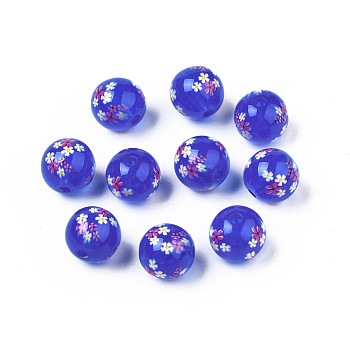 Opaque Printed Acrylic Beads, Round with Flower, Blue, 9x9.5mm, Hole: 1.8mm