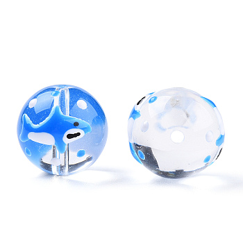 Transparent Handmade Lampwork Beads, Round with Shark Pattern, Dodger Blue, 13x12x11mm, Hole: 1.2~1.5mm