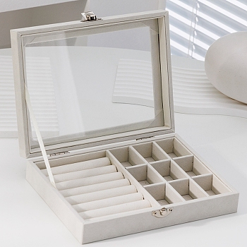 Rectangle Velvet Jewelry Organizer Boxes, Clear Visible Window Case for Rings, Earrings, Necklaces, Ghost White, 20x15x5cm