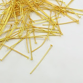 Jewelry Findings, Cadmium Free & Lead Free, Iron Flat Head Pins, Golden, 35x0.75~0.8mm, 20 Gauge, about 6600pcs/1000g, Head: 2mm