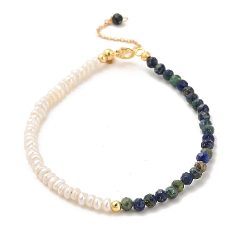 Natural Lapis Lazuli Bead Bracelets, with Sterling Silver Beads and Pearl Beads, Real 18K Gold Plated, 14.9cm